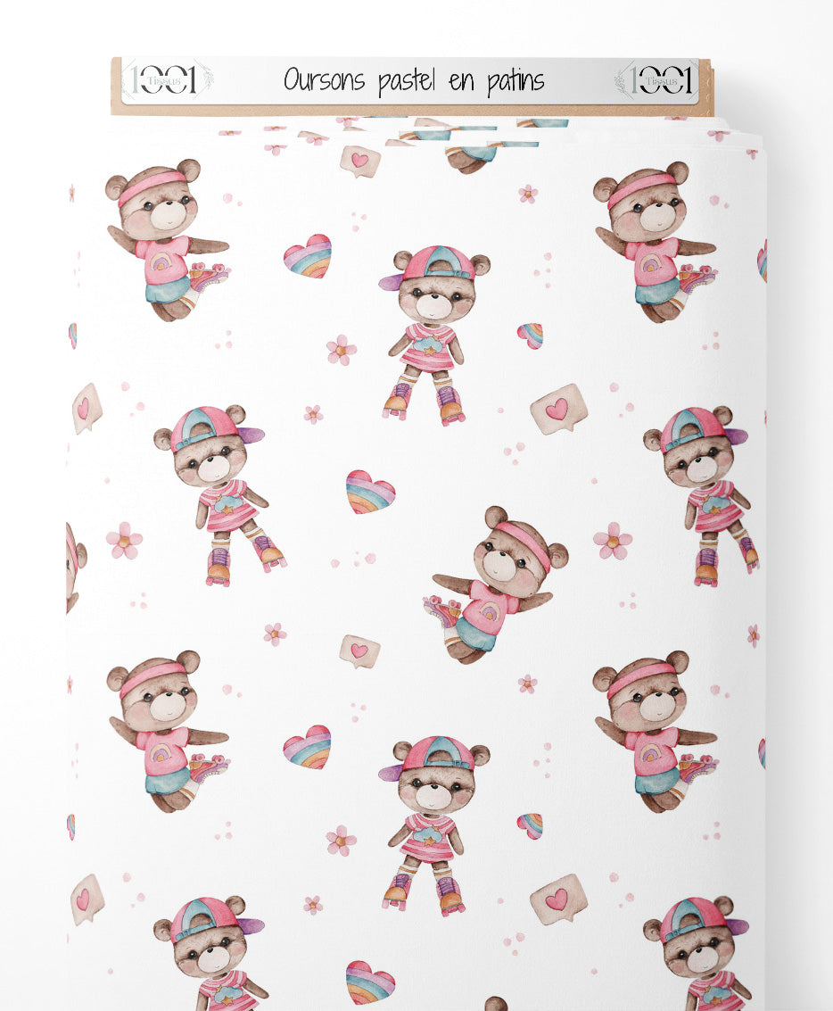 Tissu - Oursons pastel en patins