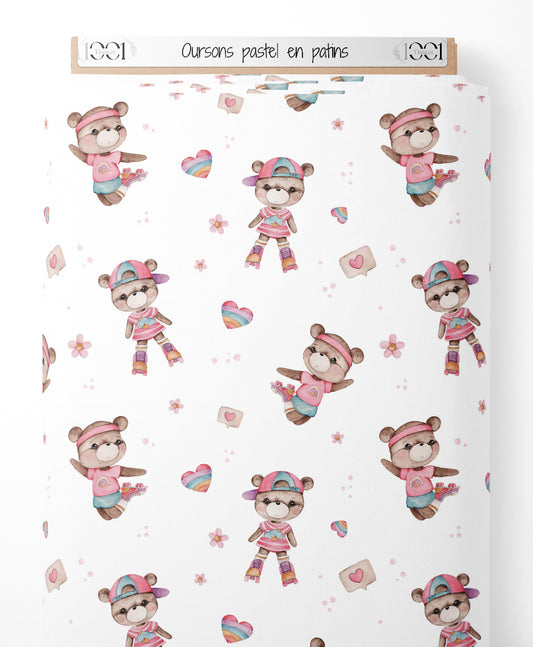 Tissu - Oursons pastel en patins