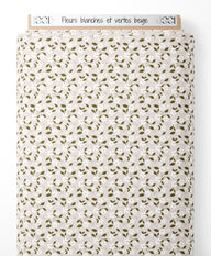 Tissu - Fleurs blanches et vertes beige
