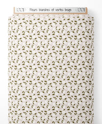 Tissu - Fleurs blanches et vertes beige