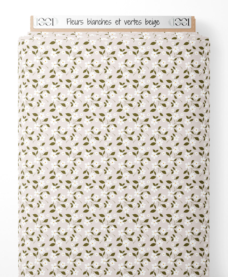 Tissu - Fleurs blanches et vertes beige