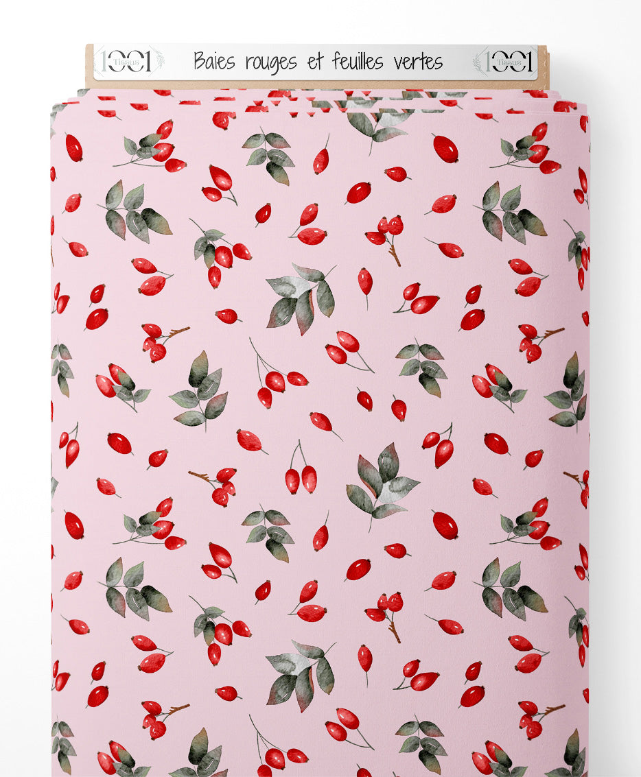 Tissu - Baies rouges et feuilles vertes