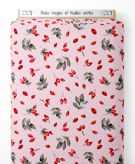 Tissu - Baies rouges et feuilles vertes