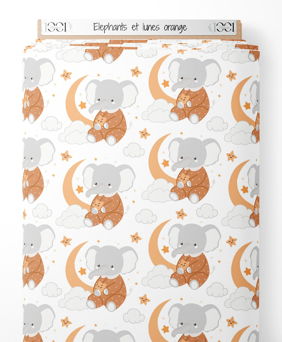 Tissu - Éléphants et lunes orange