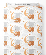 Tissu - Éléphants et lunes orange
