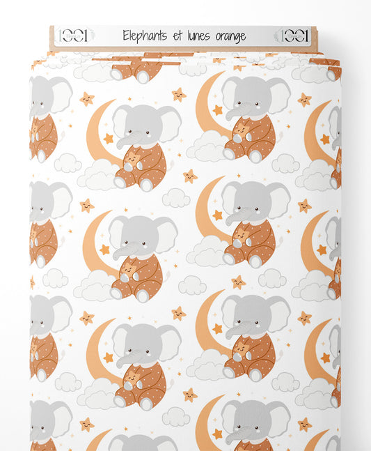 Tissu - Éléphants et lunes orange