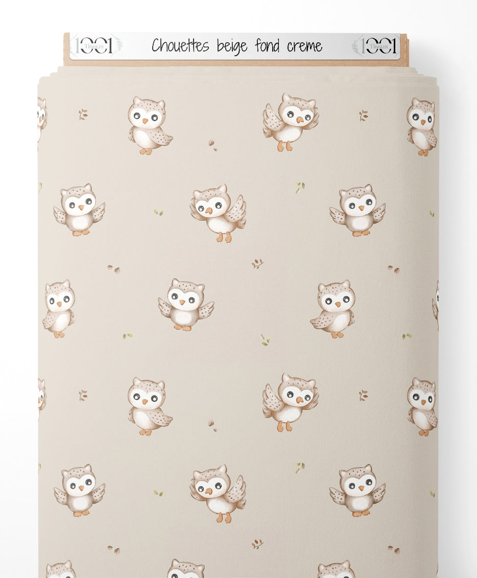 Tissu - Chouettes beige sur fond crème