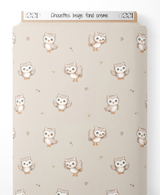 Tissu - Chouettes beige sur fond crème