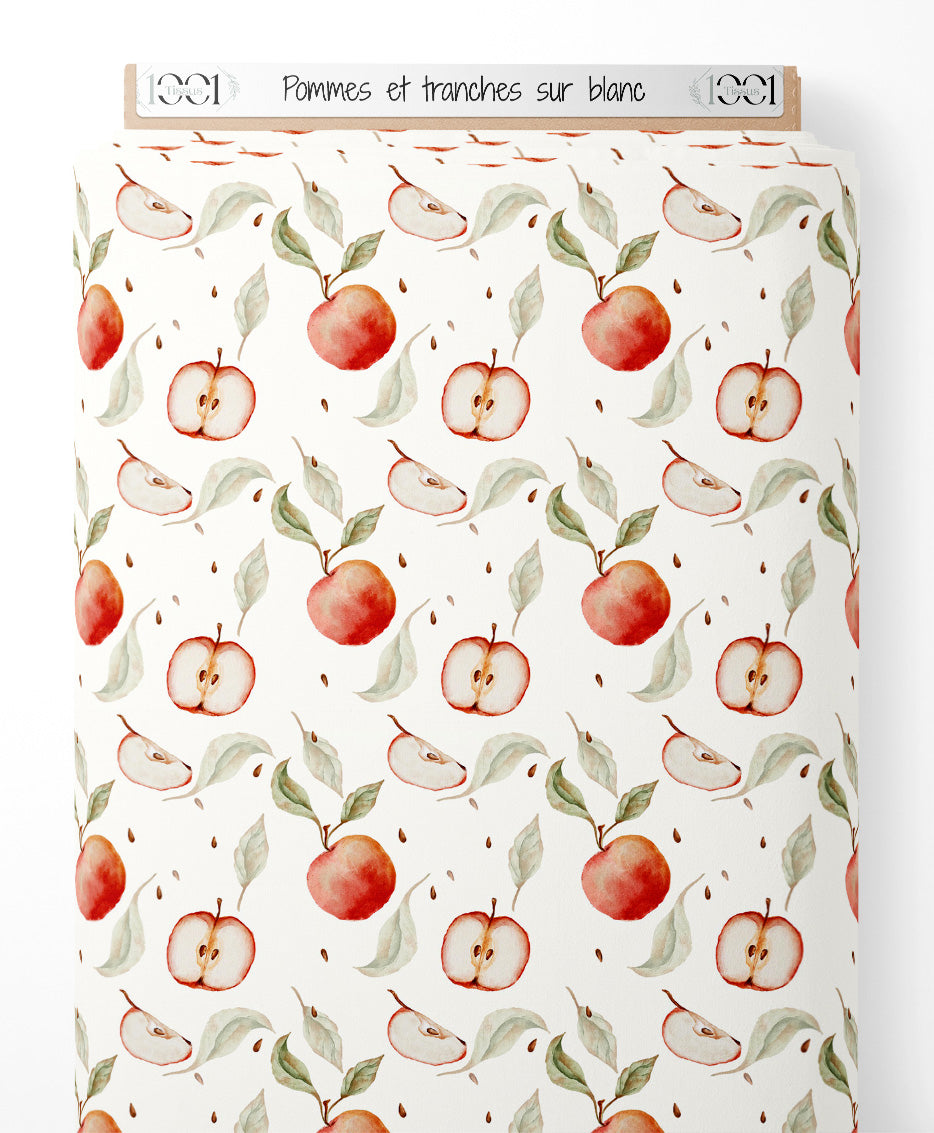 Tissu - Pommes et tranches sur blanc