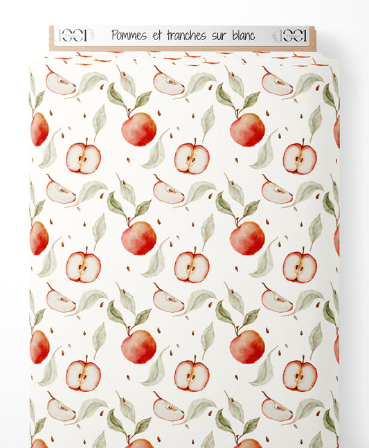 Tissu - Pommes et tranches sur blanc