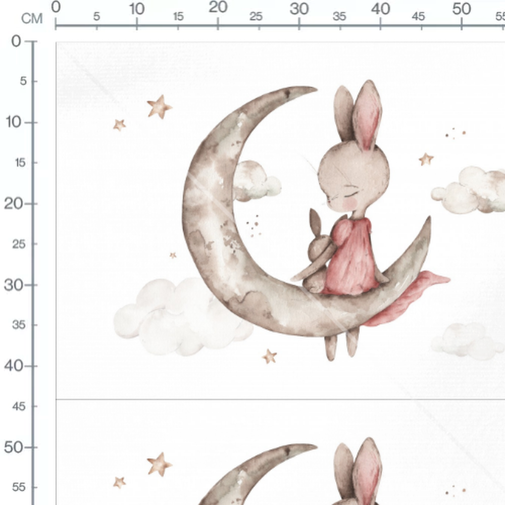 Tissu - Lapin rose sur lune grise