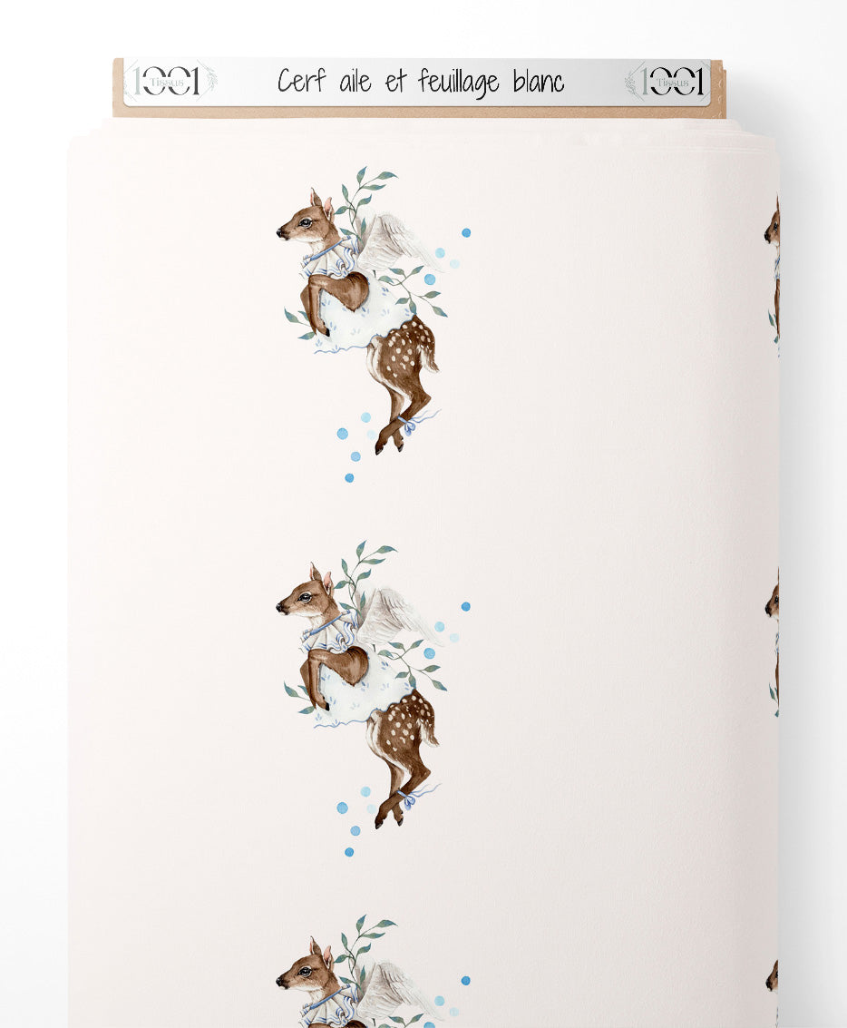 Tissu - Cerf ailé et feuillage blanc