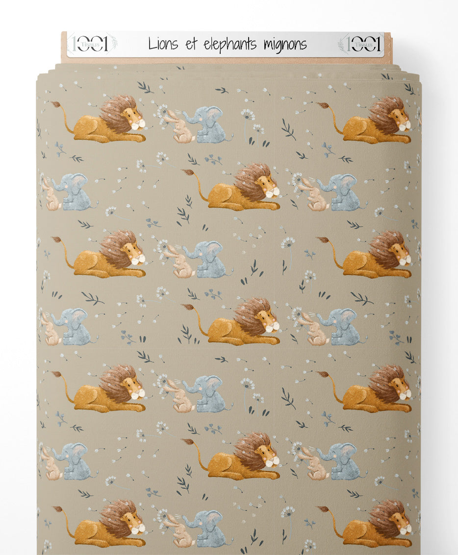 Tissu - Lions et éléphants mignons