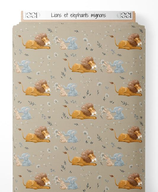 Tissu - Lions et éléphants mignons