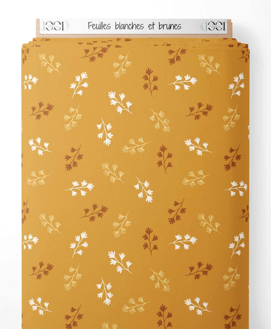 Tissu - Feuilles blanches et brunes
