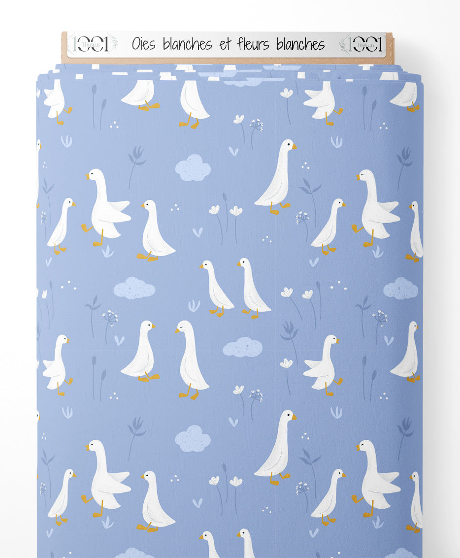 Tissu - Oies blanches et fleurs blanches