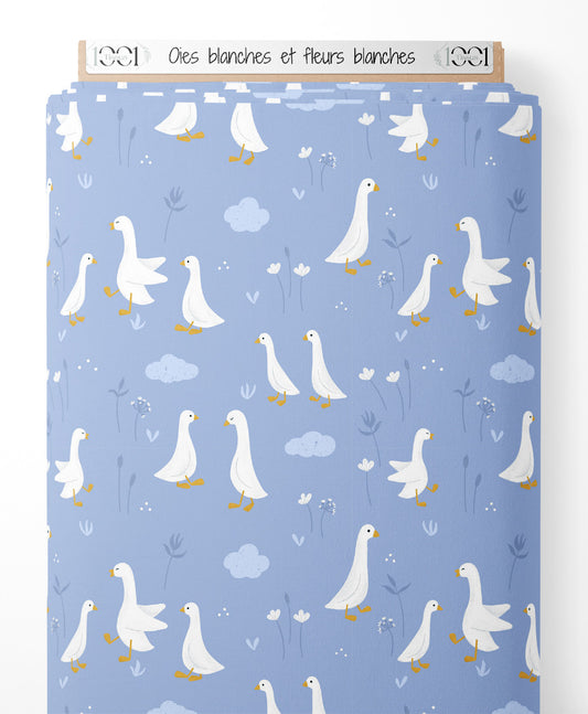 Tissu - Oies blanches et fleurs blanches