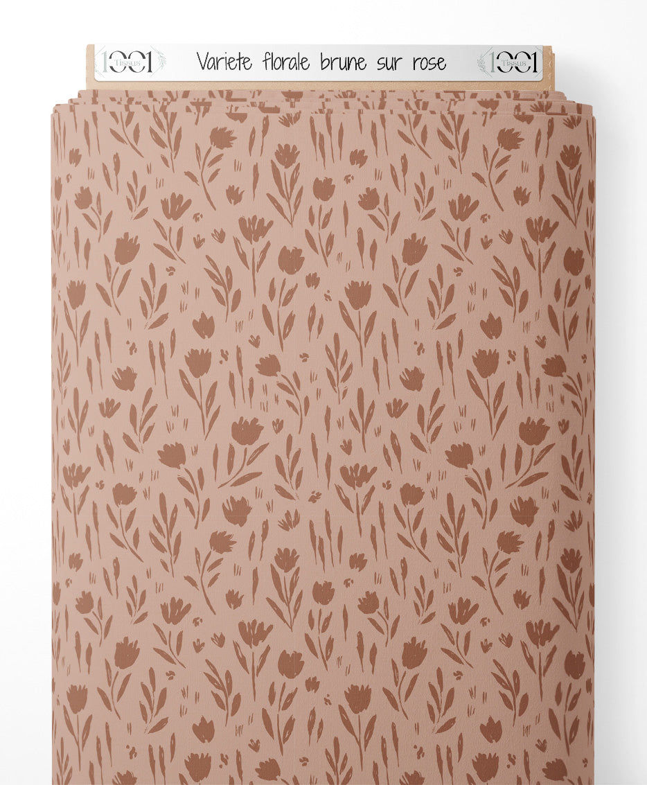 Tissu - Variété florale brune sur rose