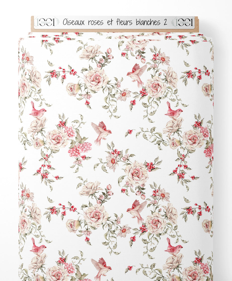 Tissu - Oiseaux roses et fleurs blanches 2