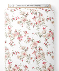 Tissu - Oiseaux roses et fleurs blanches 2