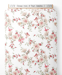 Tissu - Oiseaux roses et fleurs blanches 2