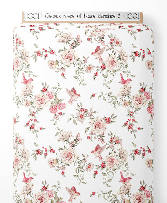 Tissu - Oiseaux roses et fleurs blanches 2