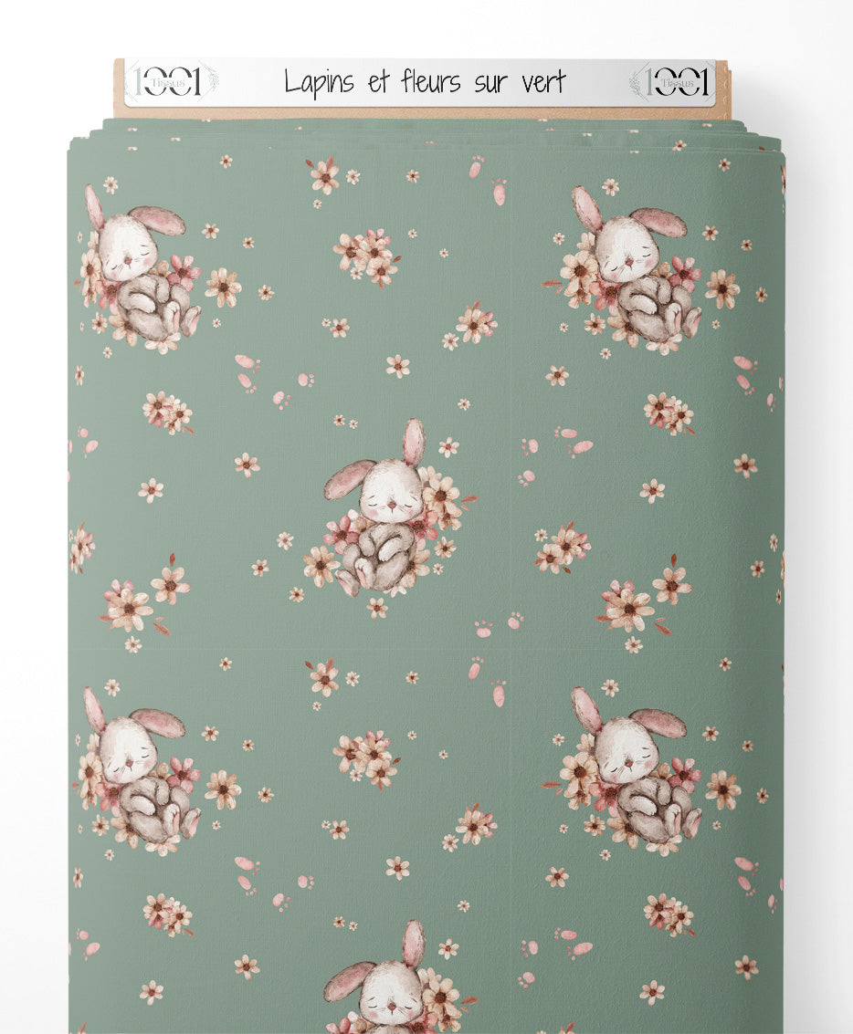 Tissu - Lapins et fleurs sur vert