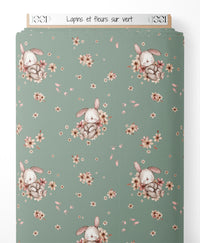 Tissu - Lapins et fleurs sur vert