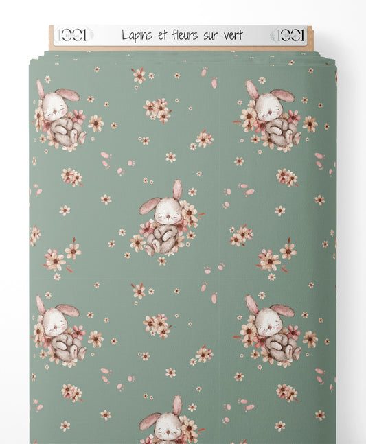 Tissu - Lapins et fleurs sur vert