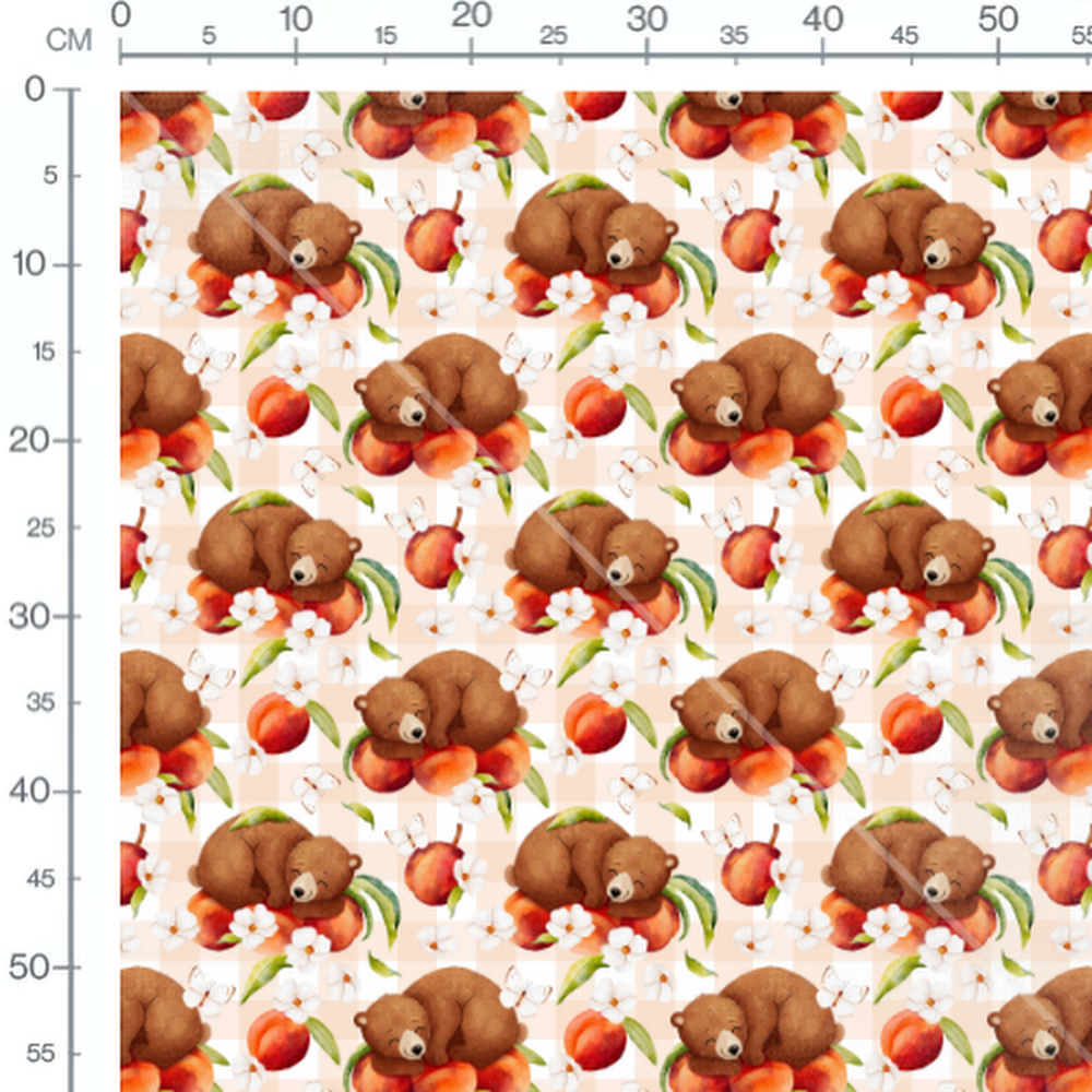 Tissu - Ours sur pêches et fleurs