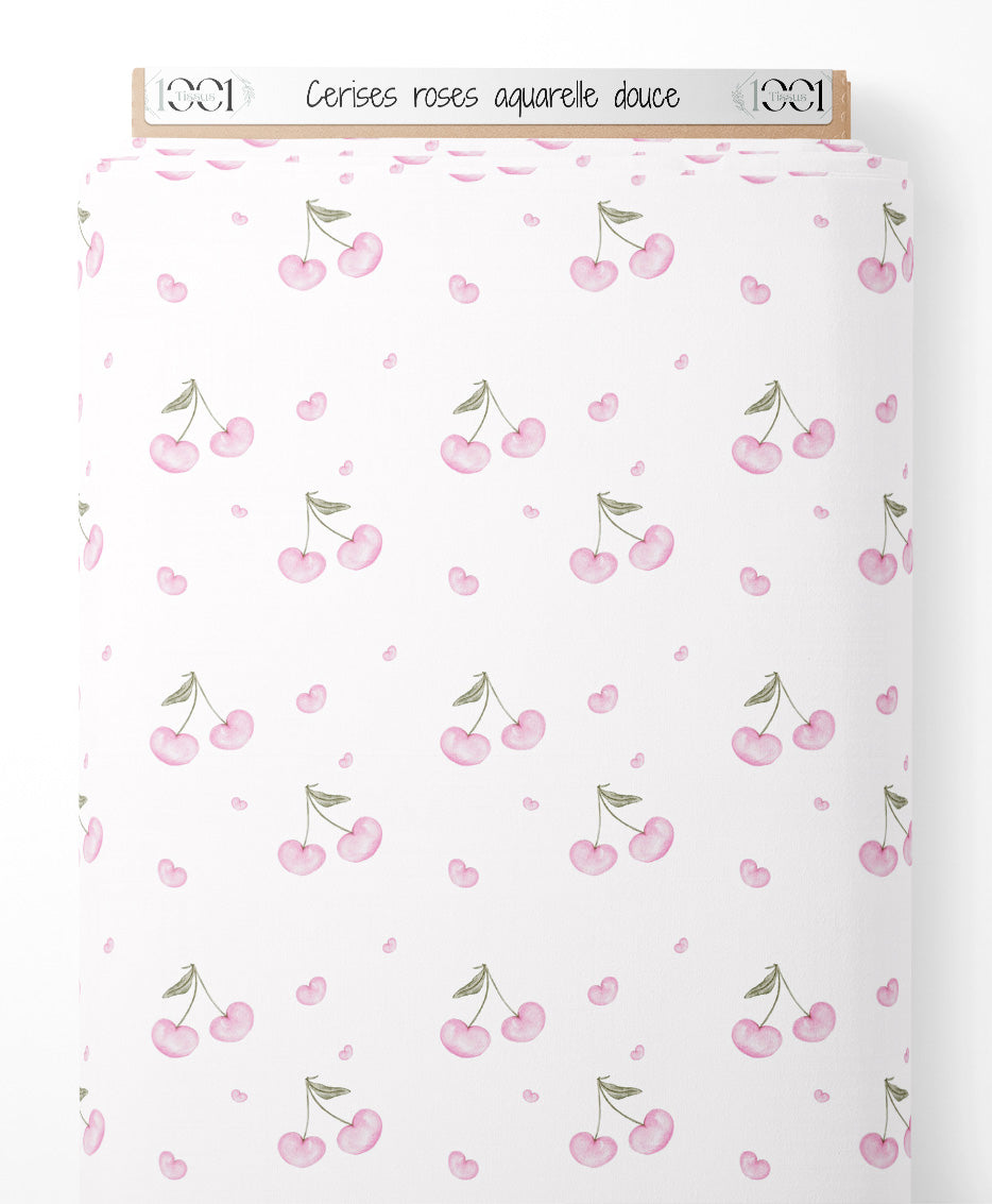 Tissu - Cerises roses aquarelle douce