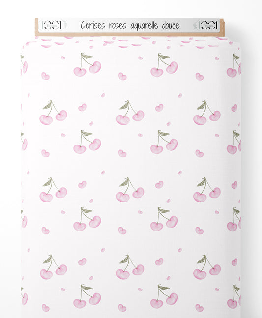 Tissu - Cerises roses aquarelle douce
