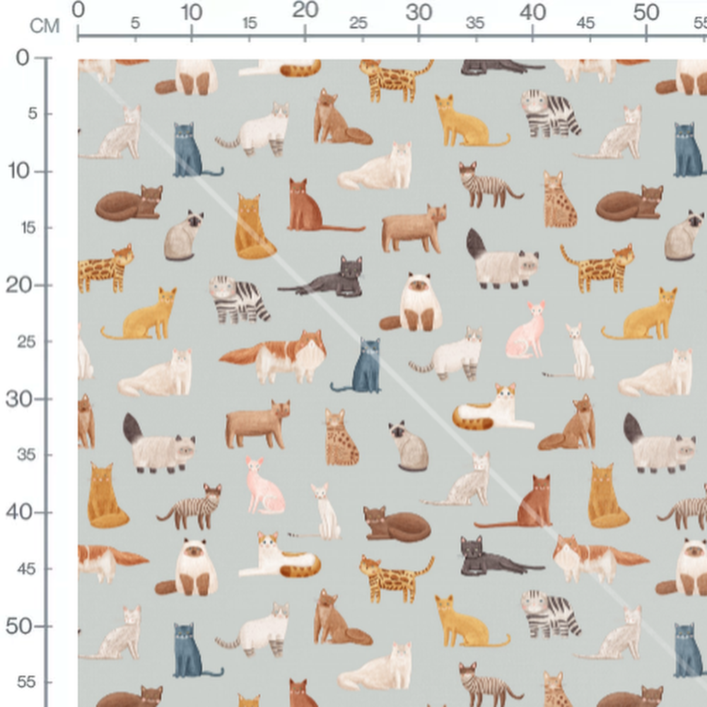 Tissu - Chats variés sur fond bleu