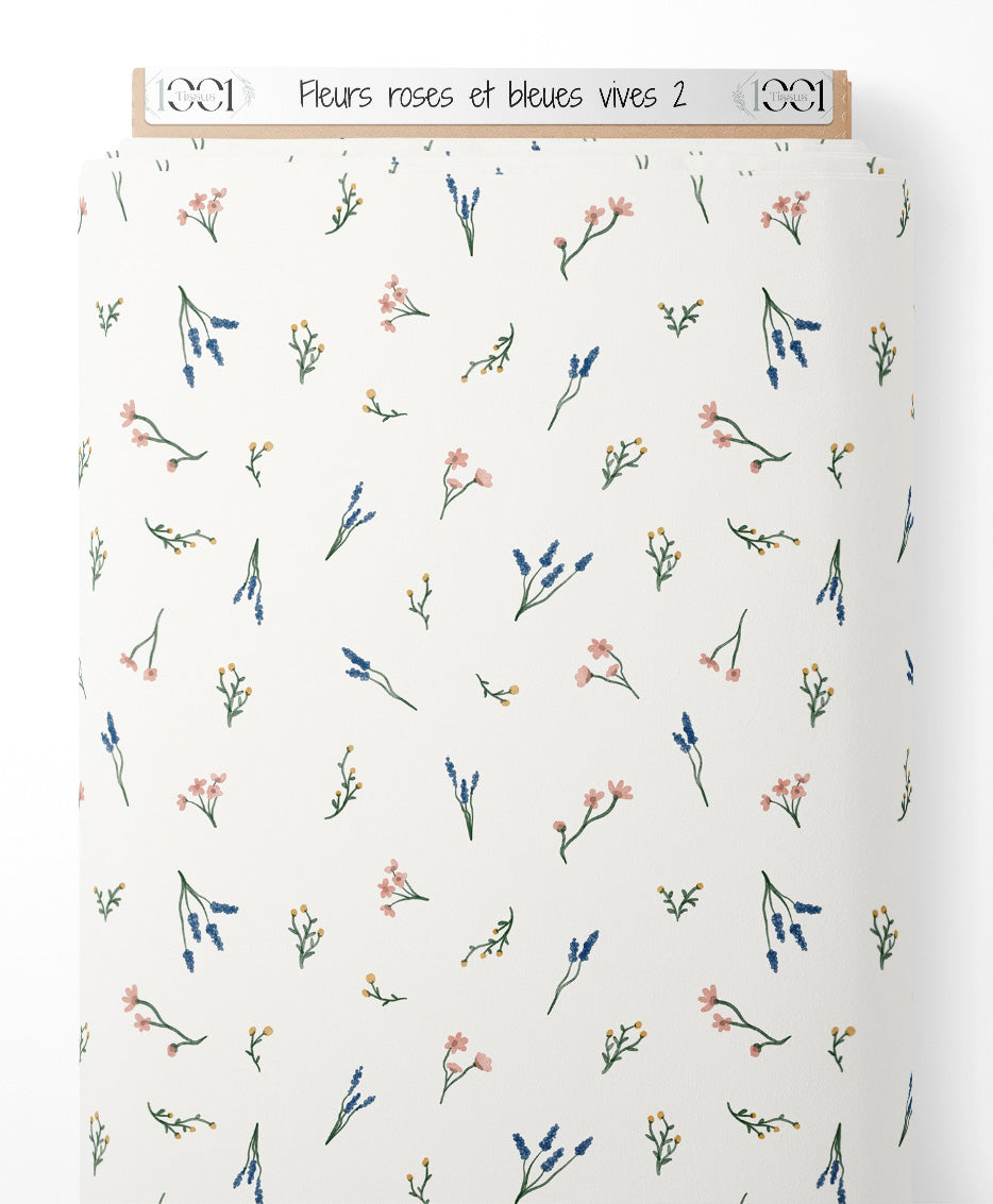 Tissu - Fleurs roses et bleues vives 2