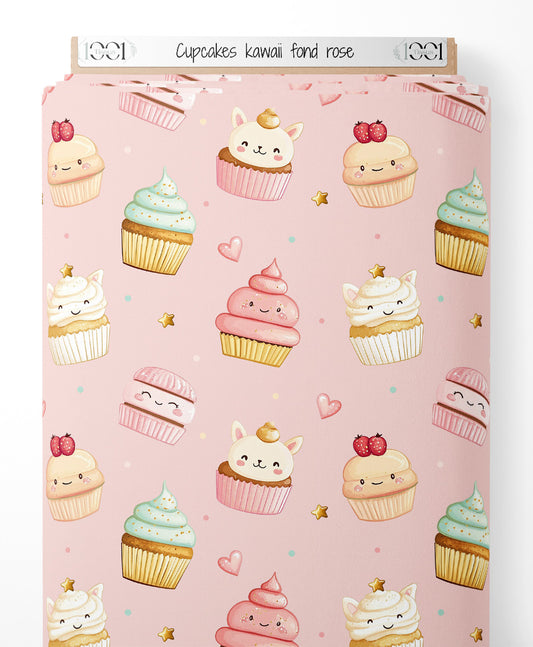 Tissu - Cupcakes kawaii sur fond rose