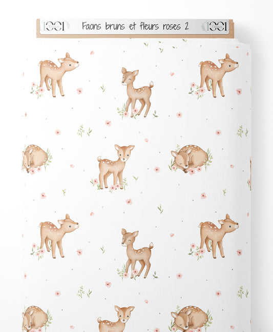 Tissu - Faons bruns et fleurs roses 2