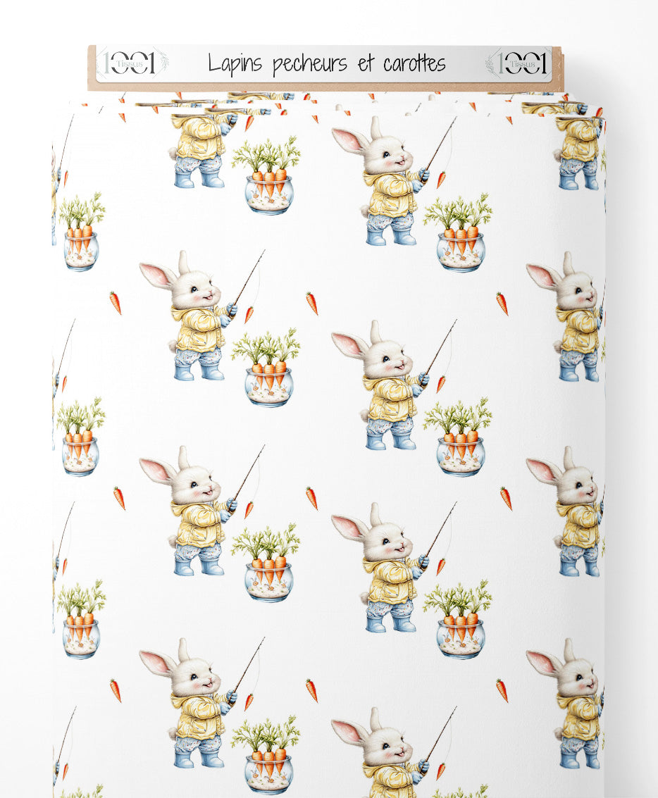 Tissu - Lapins pêcheurs et carottes