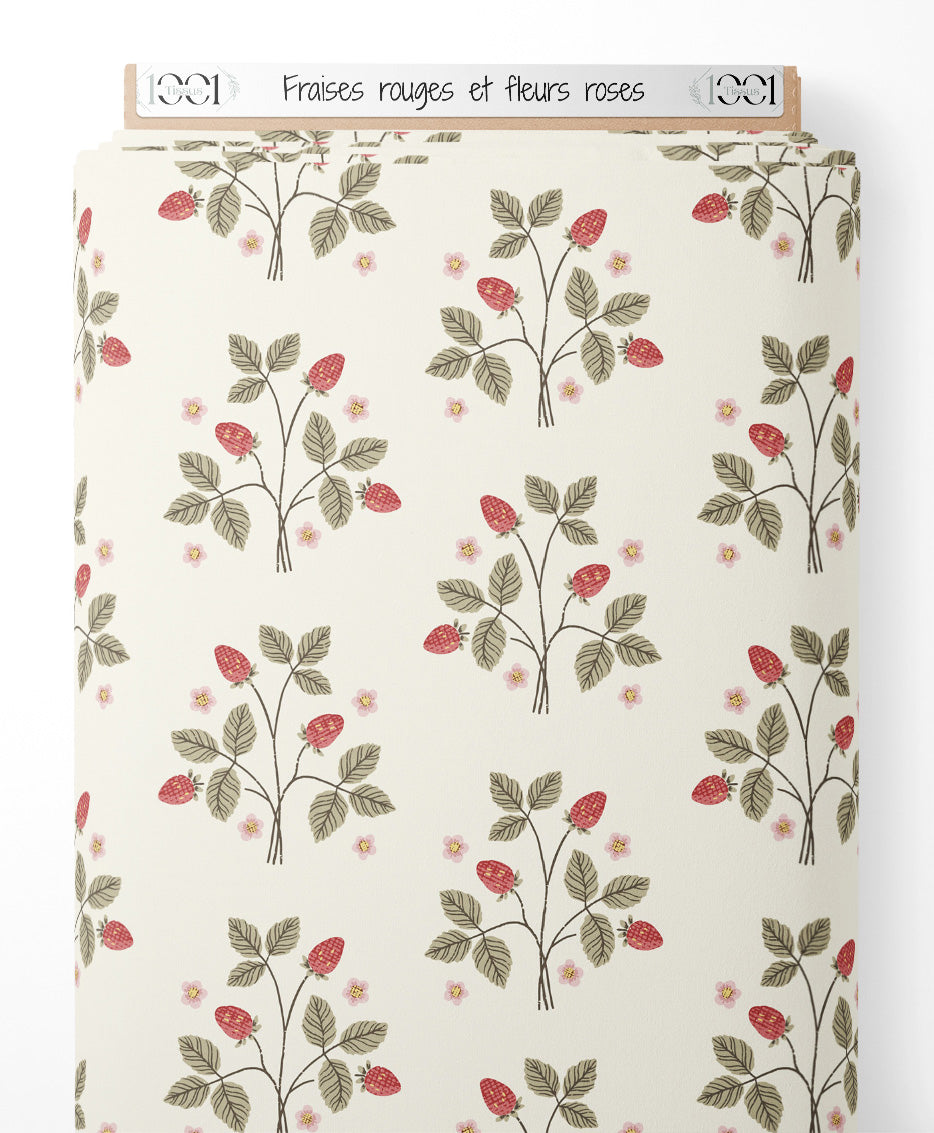 Tissu - Fraises rouges et fleurs roses