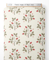 Tissu - Fraises rouges et fleurs roses