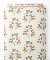Tissu - Fraises rouges et fleurs roses