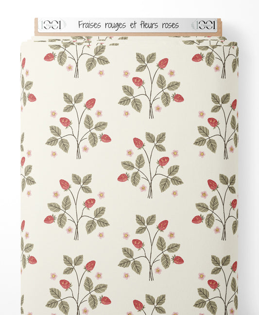 Tissu - Fraises rouges et fleurs roses