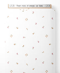 Tissu - Fleurs roses et oranges sur blanc
