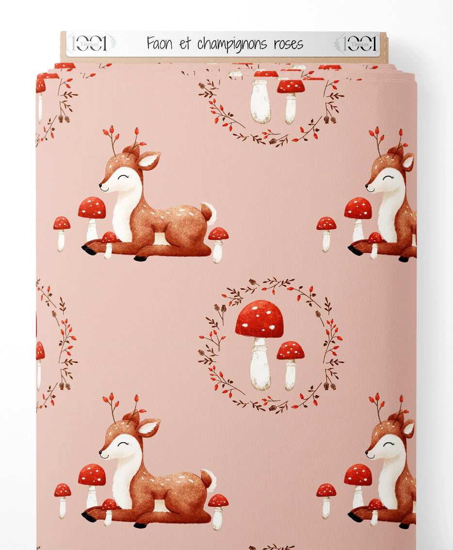 Tissu - Faon et champignons roses