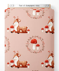 Tissu - Faon et champignons roses