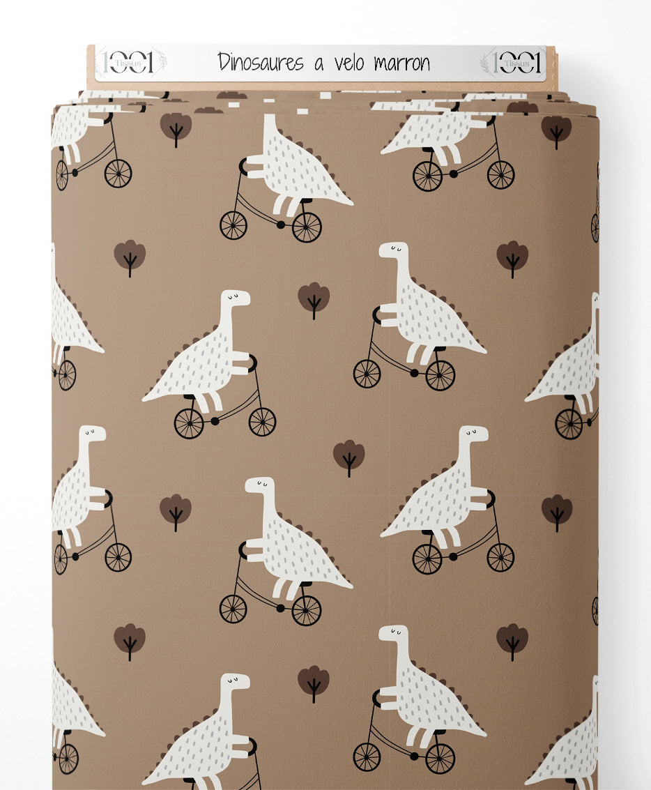 Tissu - Dinosaures à vélo marron