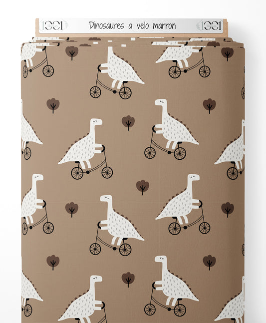 Tissu - Dinosaures à vélo marron
