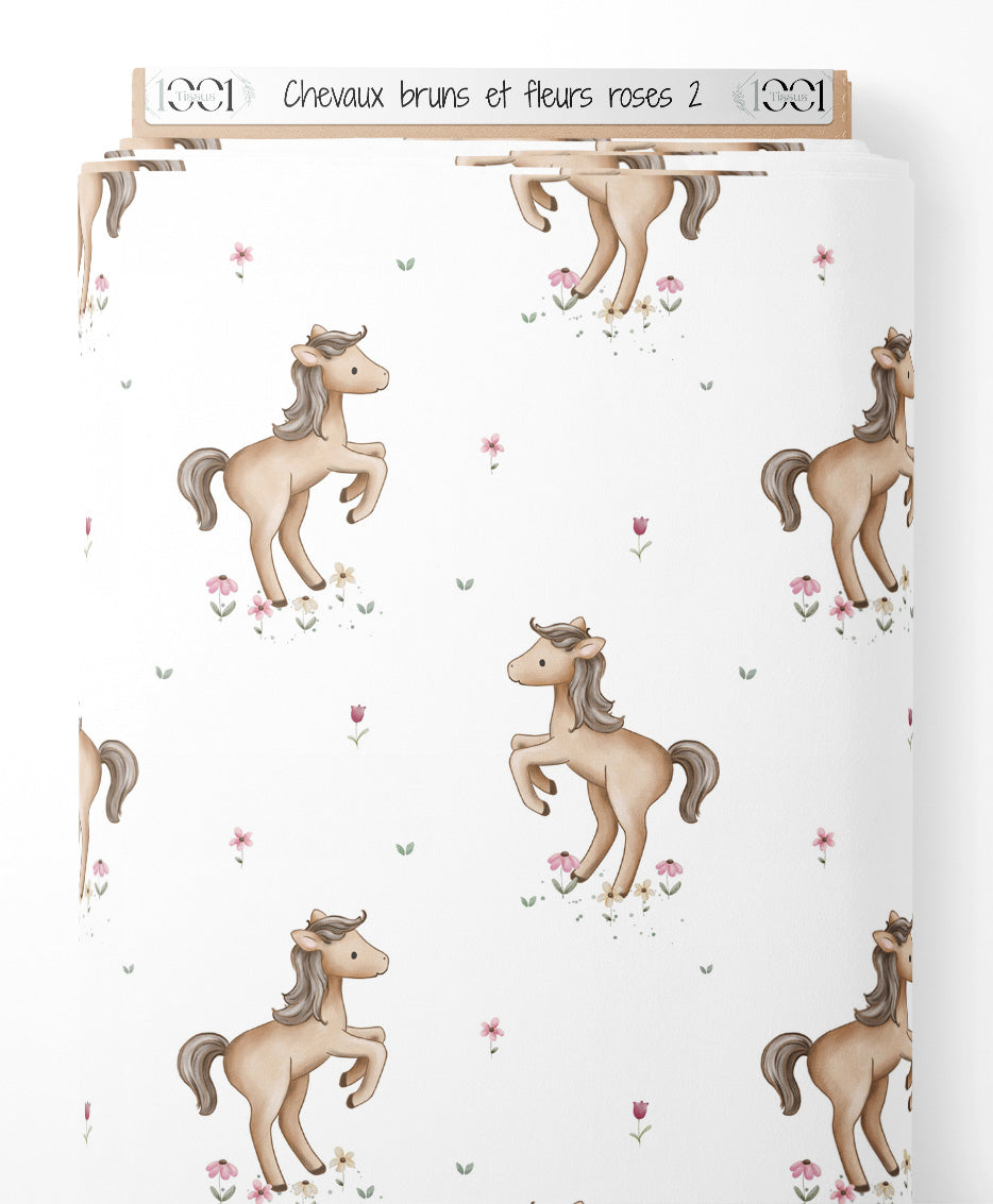 Tissu - Chevaux bruns et fleurs roses 2