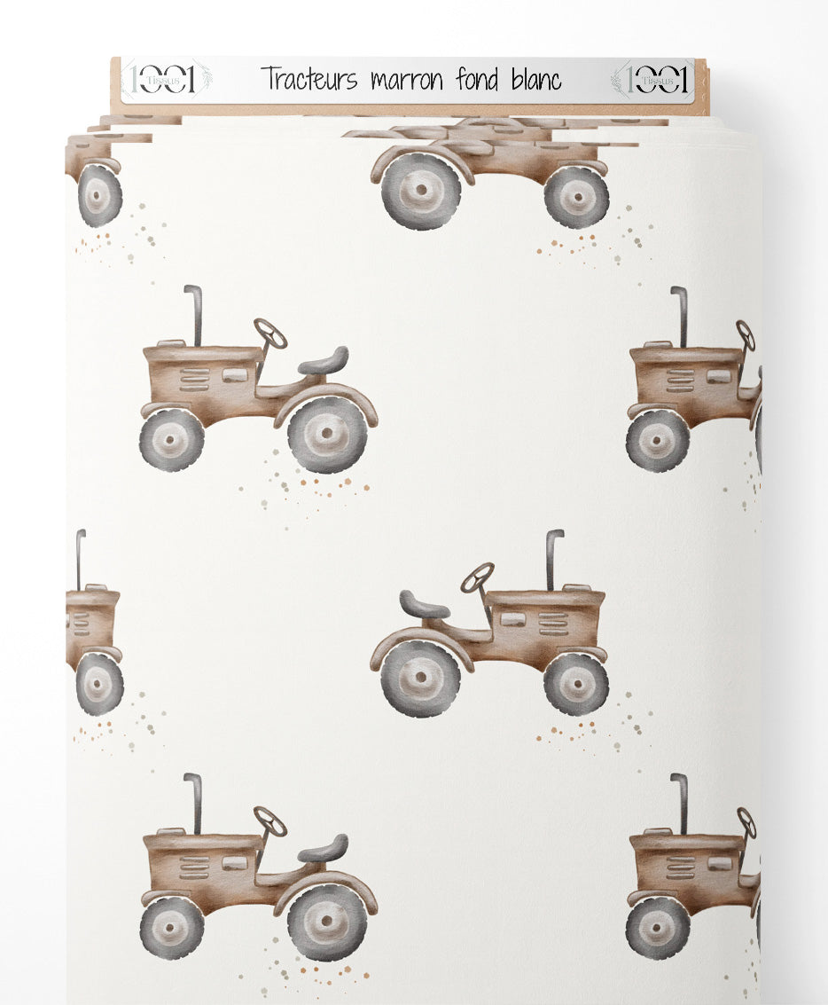 Tissu - Tracteurs marron sur fond blanc