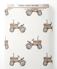 Tissu - Tracteurs marron sur fond blanc