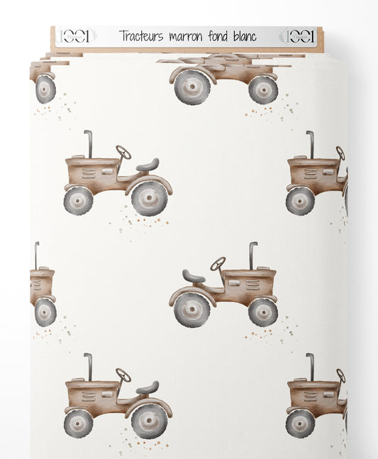 Tissu - Tracteurs marron sur fond blanc